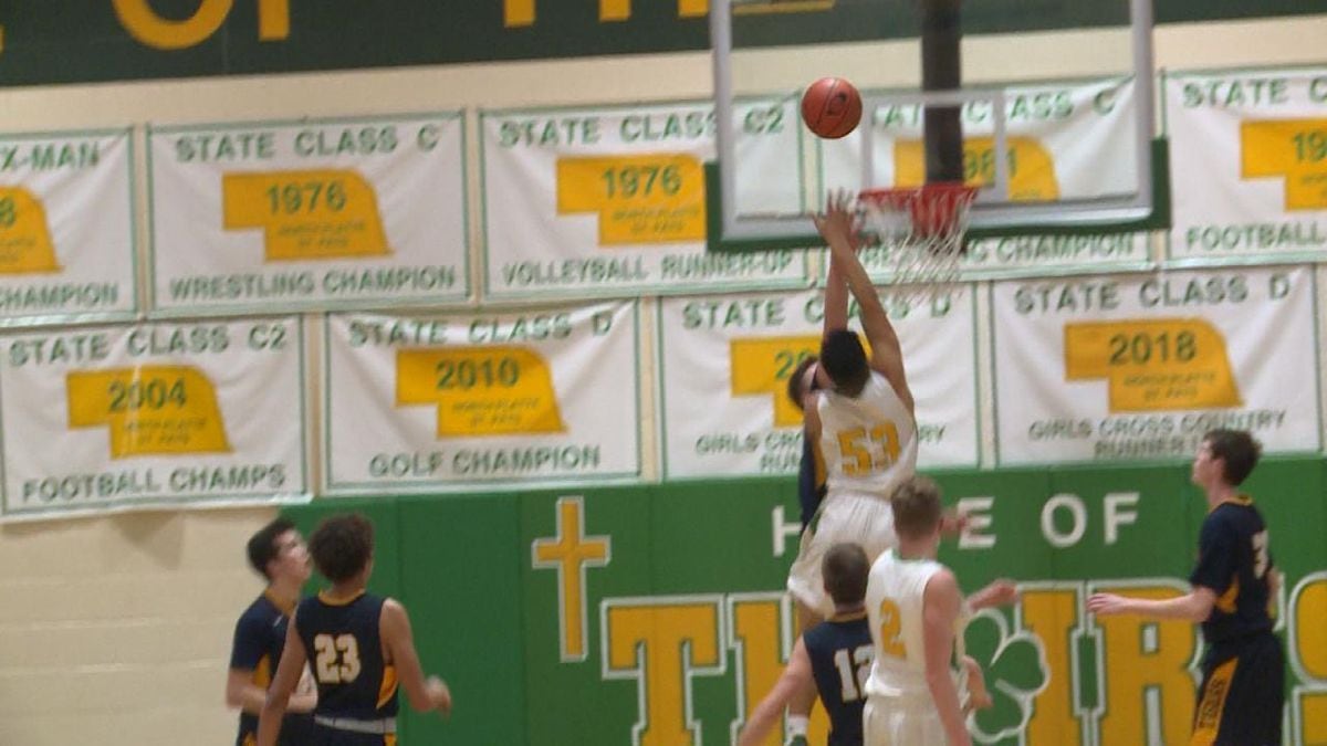 Dolan Branch of St. Pat'sfinishes a layup in the second half .<br />(Credit: Sam Pirozzi/KNOP-TV)