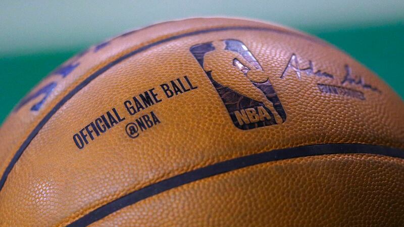 A basketball rests on the floor during the second half of a second-round NBA playoff series...