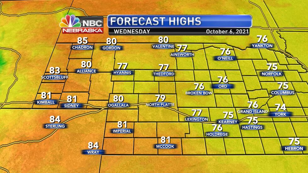 Temperatures stay above average on Wednesday afternoon with highs in the mid 70s to mid 80s.