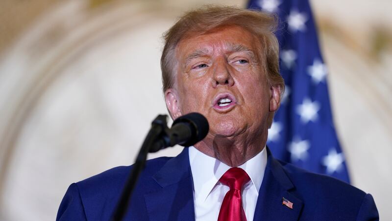 FILE - Former President Donald Trump speaks at his Mar-a-Lago estate Tuesday, April 4, 2023,...