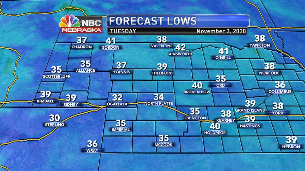 Temperatures should fall to the mid and upper 30s by early Tuesday morning.