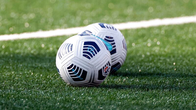 Soccer balls are seen before an NWSL Challenge Cup soccer match between the North Carolina...