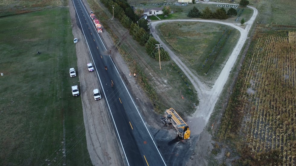 Aerial view of the wreckage after a Chase County Schools bus collided with a semi on Tuesday.