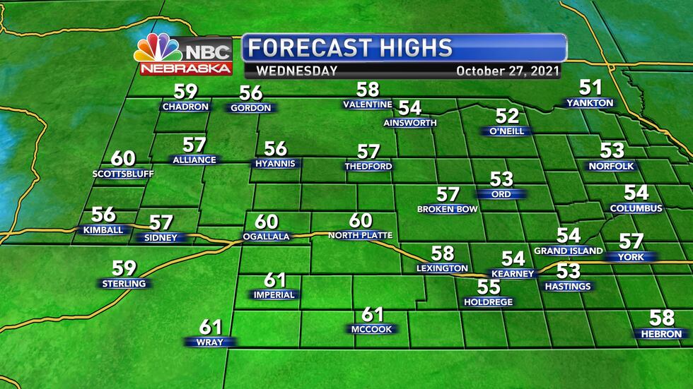 Look for highs on Wednesday in the upper 50s to near 60°.