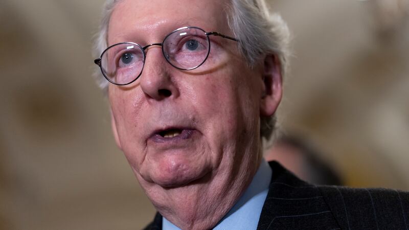 FILE - Senate Republican Leader Mitch McConnell, R-Ky., speaks to reporters following a...