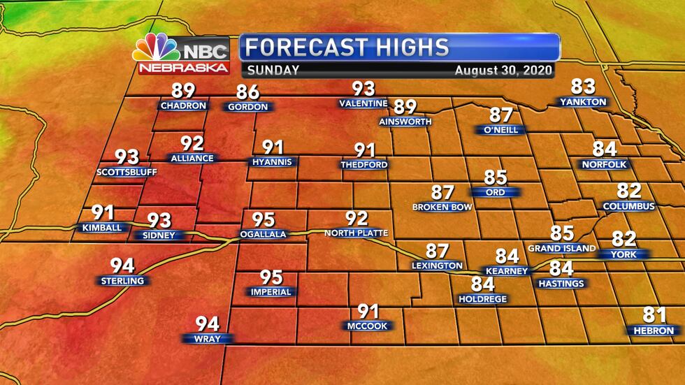 Temperatures warm up on Sunday ahead of a cold front with highs reaching the upper 80s to low...