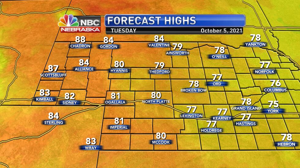 Temperatures return to the lower and middle 80s on Tuesday afternoon.