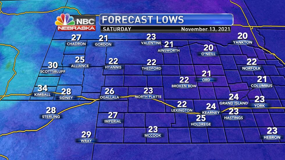 Look for lows in the teens and 20s into Saturday morning.