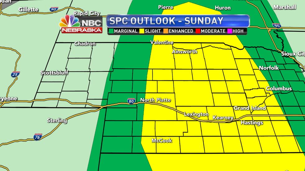 Isolated to scattered severe storms are expected Sunday as a cold front pushes through the state.