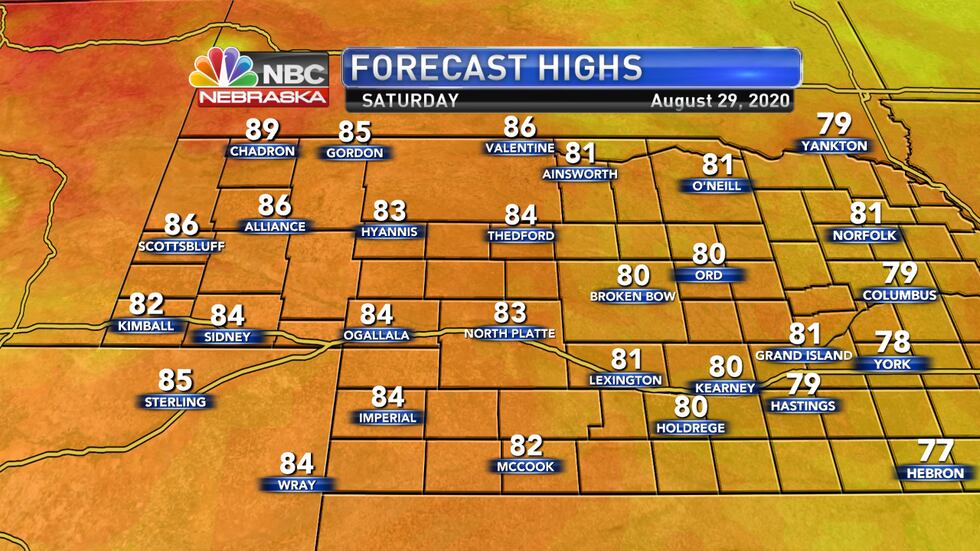 Cooler temperatures in the 80s are expected on Saturday across the area.