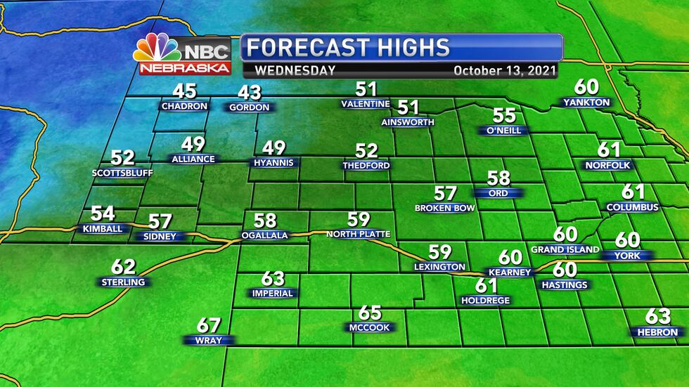 Temperatures stay quite cool on Wednesday with highs in the 40s, 50s and low 60s.