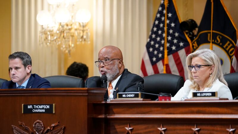 Chairman Bennie Thompson, D-Miss., center, speaks as the House select committee investigating...
