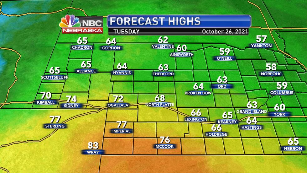 Temperatures will range from the low 60s to the upper 70s by Tuesday afternoon.