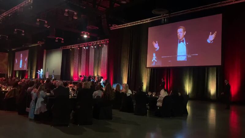 Nebraska Gov. Jim Pillen addresses attendees at his inaugural ball on Saturday night, Jan. 7,...